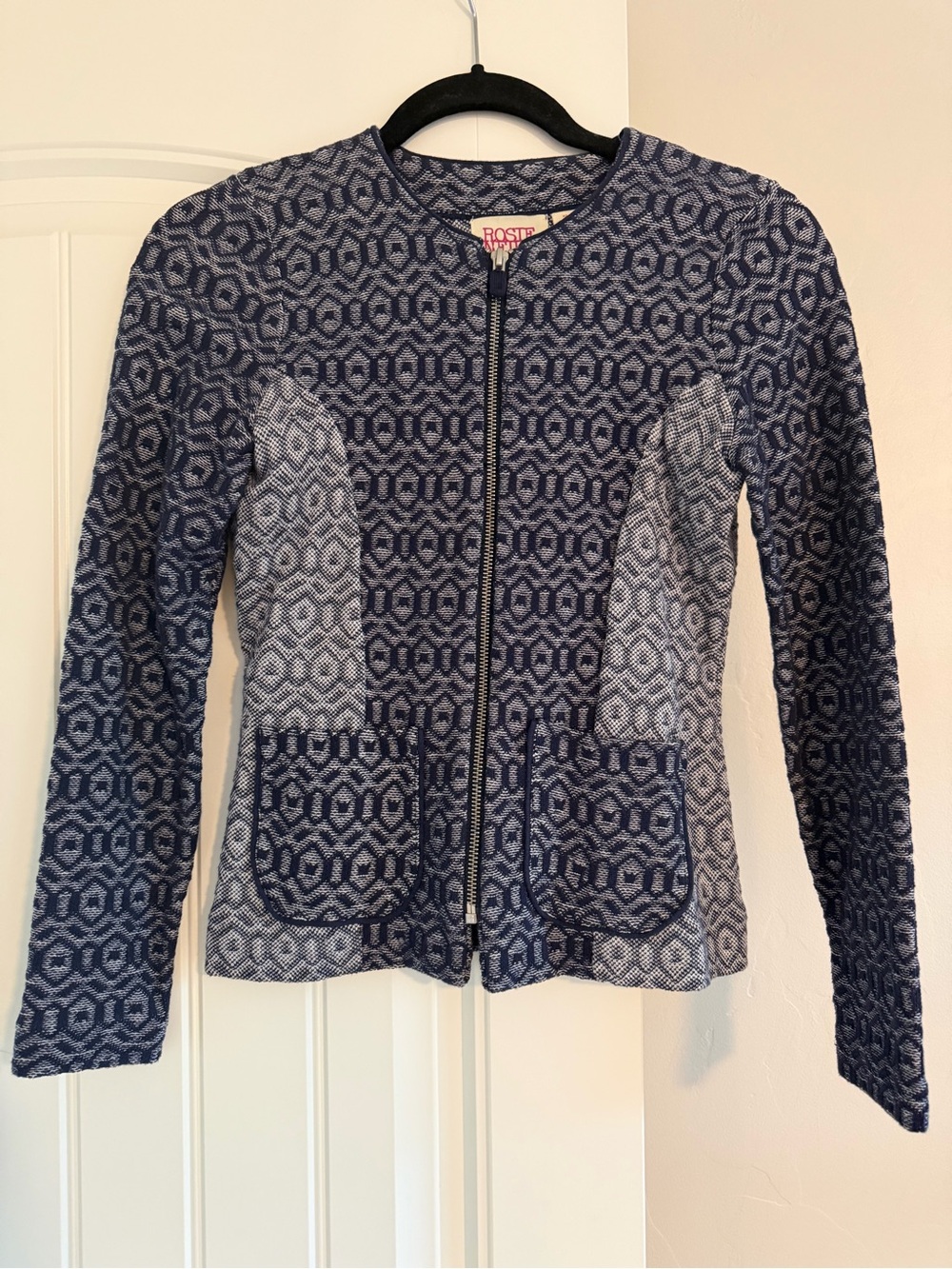 Anthropologie Rosie Neira Navy Geo Knit Zip Womenโs Jacket XS
